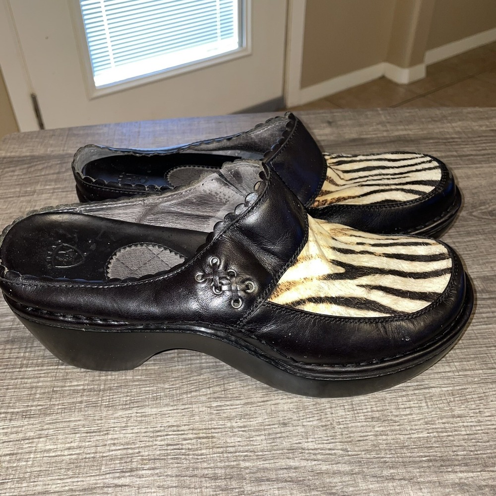 ARIAT 10006776 Zebra Leather Clogs Mules Black White Women US 11 B Cowgirl Rodeo